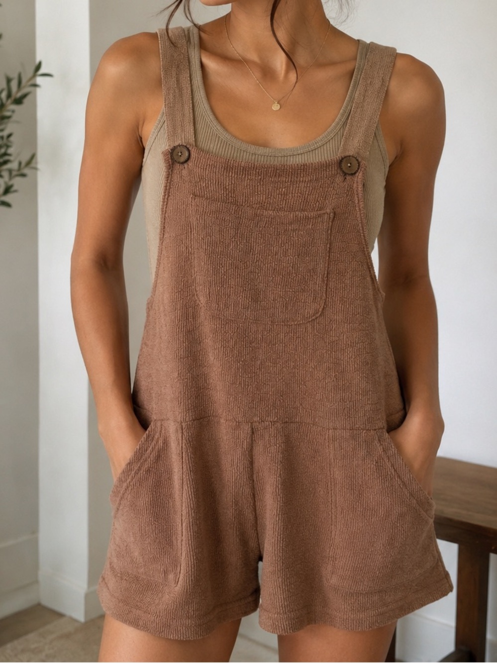 Women's Brown Knit Short Overalls Romper